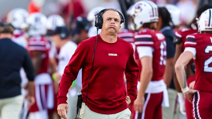 Oct 25, 2025; Columbia, South Carolina, USA; South Carolina Gamecocks head coach Shane Beamer reacts to a play against the Alabama Crimson Tide in the second quarter at Williams-Brice Stadium. Mandatory Credit: Jeff Blake-Imagn Images Oct 25, 2025; Columbia, South Carolina, USA; South Carolina Gamecocks head coach Shane Beamer reacts to a play against the Alabama Crimson Tide in the second quarter at Williams-Brice Stadium. Mandatory Credit: Jeff Blake-Imagn Images