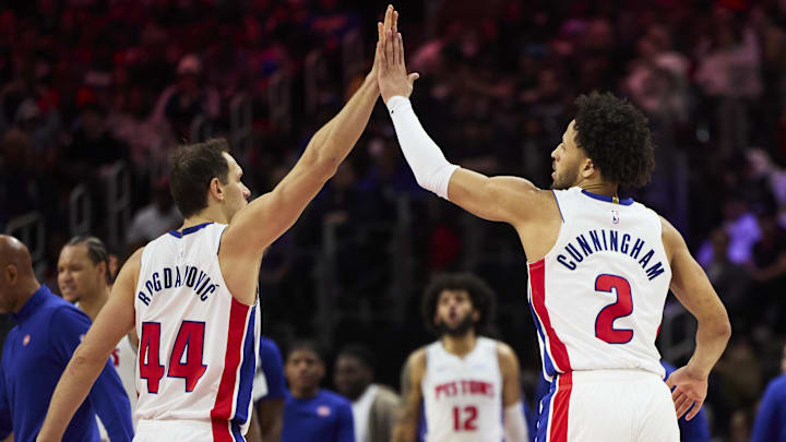 Dec 30, 2023; Detroit, Michigan, USA;  Detroit Pistons forward Bojan Bogdanovic (44) and guard Cade