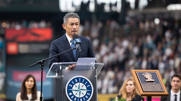 Seattle Mariners former player Ichiro Suzuki speaks during the induction ceremonies for Suzuki in to the Mariner Hall of Fame before a game between the Seattle Mariners and the Cleveland Guardians at T-Mobile Park in 2022. Seattle Mariners former player Ichiro Suzuki speaks during the induction ceremonies for Suzuki in to the Mariner Hall of Fame before a game between the Seattle Mariners and the Cleveland Guardians at T-Mobile Park in 2022.