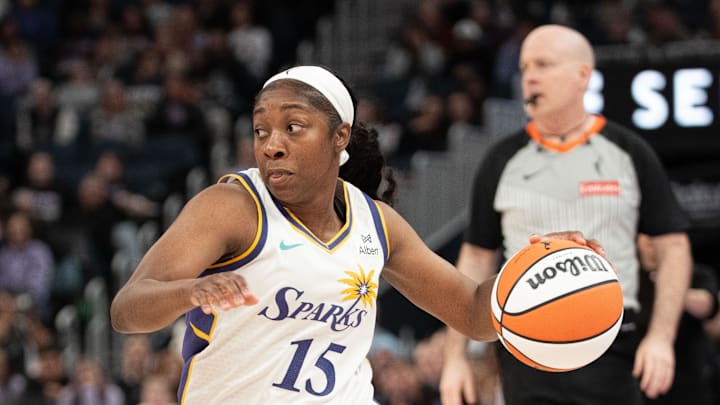 May 6, 2025; San Francisco, CA, USA; Los Angeles Sparks guard Aari McDonald (15) during the third quarter against the Golden State Valkyries at Chase Center. Mandatory Credit: Kyle Terada-Imagn Images