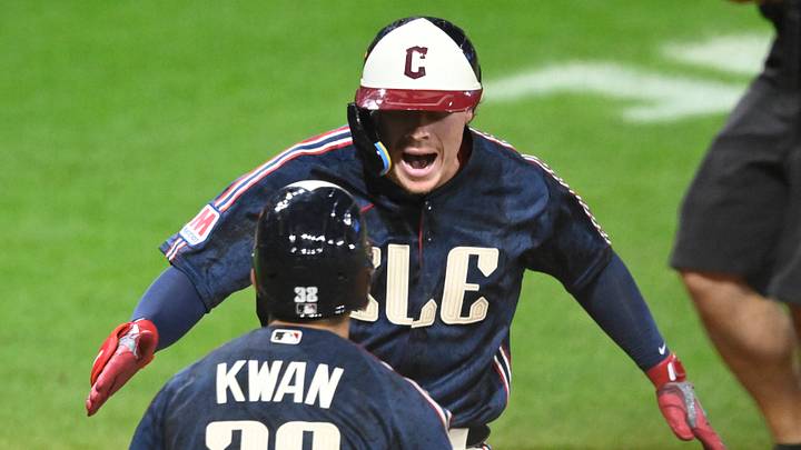 Sep 4, 2026; Cleveland, Ohio, USA;  Cleveland Guardians pinch hitter Travis Bazzana (37) celebrates his two-run home run with center fielder Steven Kwan (38) in the eighth inning against the Detroit Tigers at Progressive Field.  Mandatory Credit: David Richard-Imagn Images