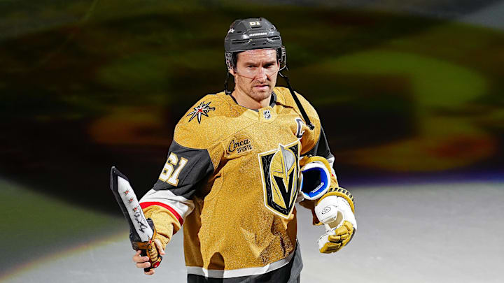 Oct 22, 2024; Las Vegas, Nevada, USA; Vegas Golden Knights right wing Mark Stone (61) is named Second Star of the Game after the Golden Knights defeated the Los Angeles Kings at T-Mobile Arena. Mandatory Credit: Stephen R. Sylvanie-Imagn Images