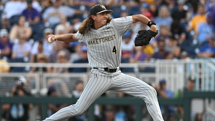 Wake Forest Demon Deacons pitcher Rhett Lowder (4) throws.