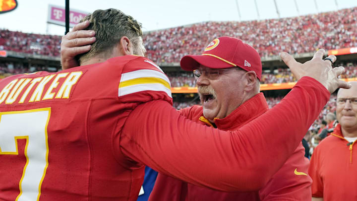Sep 15, 2024; Kansas City, Missouri, USA; Kansas City Chiefs place kicker Harrison Butker (7) celebrates with head coach Andy Reid after kicking a game winning field goal as time expires against the Cincinnati Bengals at GEHA Field at Arrowhead Stadium. Mandatory Credit: Jay Biggerstaff-Imagn Images