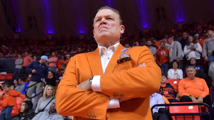 Feb 2, 2025; Champaign, Illinois, USA; Illinois Fighting Illini head coach Brad Underwood before the start of a game against the Ohio State Buckeyes at State Farm Center. Mandatory Credit: Ron Johnson-Imagn Images