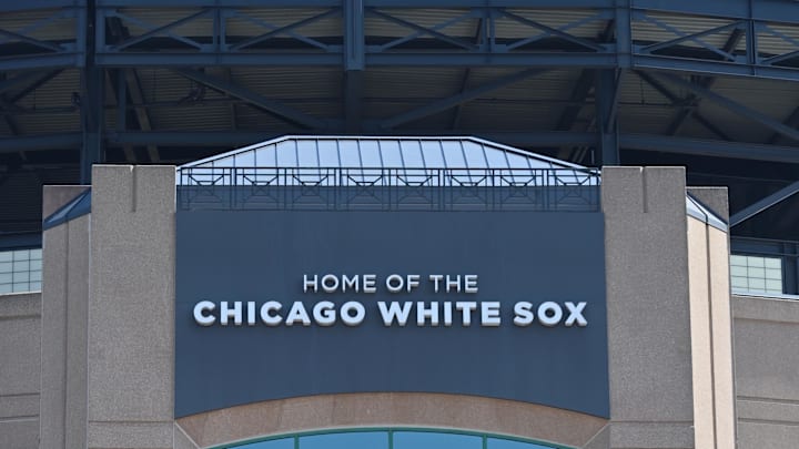 Apr 12, 2025; Chicago, Illinois, USA; Staduim signage is seen outside in a general view prior to a game between the Chicago White Sox and the Boston Red Sox at Rate Field. 
