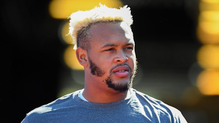 Buffalo Bills offensive tackle Dion Dawkins (73) walks to the field prior to the game against the Washington Football Team at Highmark Stadium.