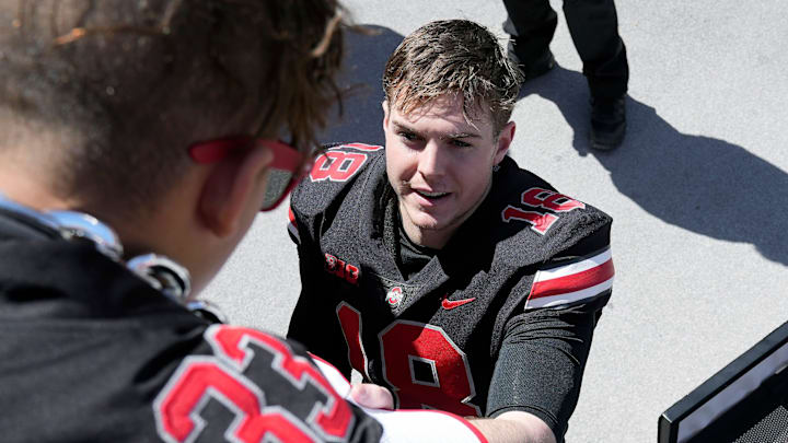 April 13, 2024; Columbus, Ohio, USA; Ohio State Buckeyes quarterback Will Howard (18).