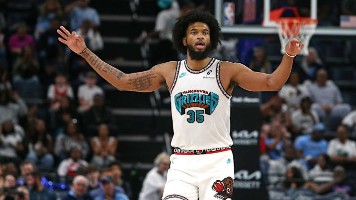 Apr 13, 2025; Memphis, Tennessee, USA; Memphis Grizzlies forward Marvin Bagley III (35) reacts during the third quarter against the Dallas Mavericks at FedExForum. Mandatory Credit: Petre Thomas-Imagn Images