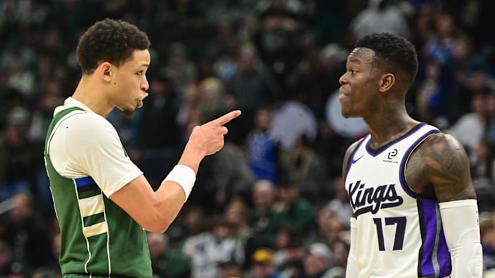 Milwaukee Bucks guard Ryan Rollins gestures toward Sacramento Kings guard Dennis Schroder in the first quarter at Fiserv Forum on November 1.