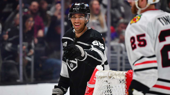 Apr 18, 2024; Los Angeles, California, USA; Los Angeles Kings right wing Quinton Byfield (55) celebrates his power play goal scored against the Chicago Blackhawks during the second period at Crypto.com Arena. Mandatory Credit: Gary A. Vasquez-USA TODAY Sports