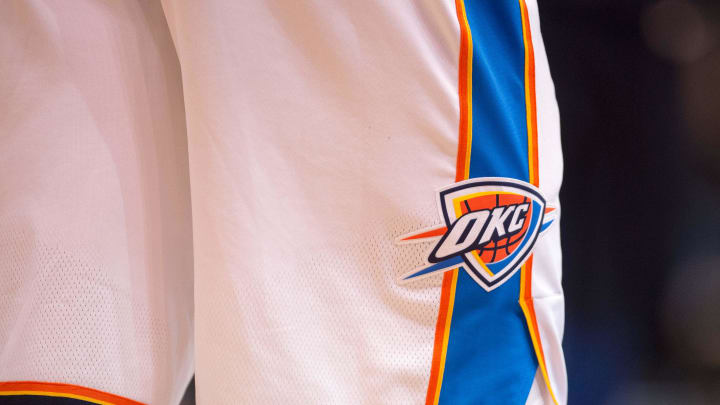 Nov 25, 2017; Dallas, TX, USA; A view of the Oklahoma City Thunder logo during the game between the Dallas Mavericks and the Thunder at the American Airlines Center. The Mavericks defeat the Thunder 97-81. Mandatory Credit: Jerome Miron-USA TODAY Sports