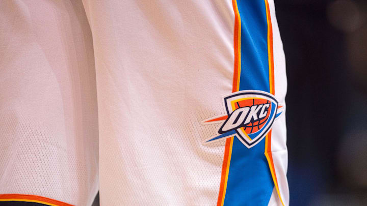 Nov 25, 2017; Dallas, TX, USA; A view of the Oklahoma City Thunder logo during the game between the Dallas Mavericks and the Thunder at the American Airlines Center. The Mavericks defeated the Thunder 97-81. 