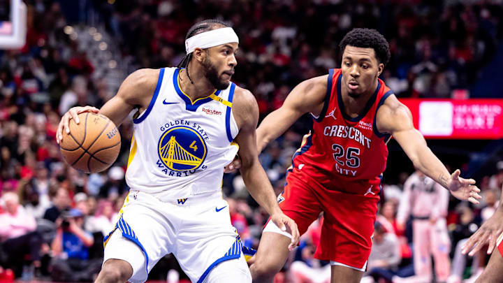 Nov 22, 2024; New Orleans, Louisiana, USA; Golden State Warriors guard Moses Moody (4) dribbles against New Orleans Pelicans guard Trey Murphy III (25) during second half at Smoothie King Center. Mandatory Credit: Stephen Lew-Imagn Images Nov 22, 2024; New Orleans, Louisiana, USA; Golden State Warriors guard Moses Moody (4) dribbles against New Orleans Pelicans guard Trey Murphy III (25) during second half at Smoothie King Center. Mandatory Credit: Stephen Lew-Imagn Images