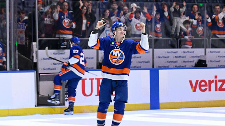 Mar 1, 2026; Elmont, New York, USA; New York Islanders defenseman Matthew Schaefer (48) celebrates with the crowd after the victory over the Florida Panthers during the third period at UBS Arena. Mandatory Credit: Dennis Schneidler-Imagn Images Mar 1, 2026; Elmont, New York, USA; New York Islanders defenseman Matthew Schaefer (48) celebrates with the crowd after the victory over the Florida Panthers during the third period at UBS Arena. Mandatory Credit: Dennis Schneidler-Imagn Images