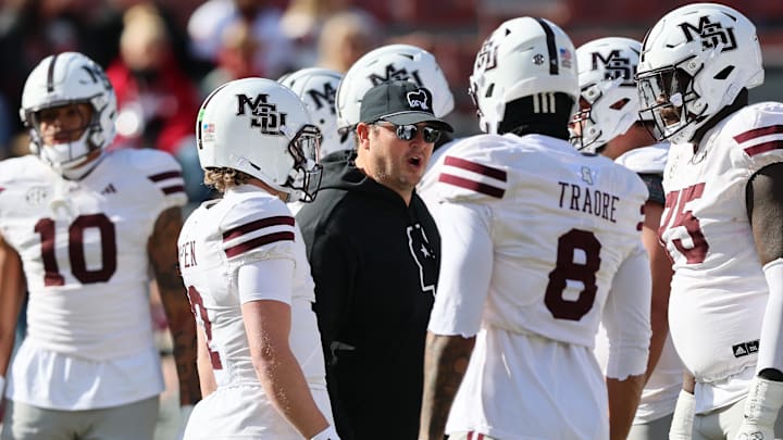 Nov 1, 2025; Fayetteville, Arkansas, USA; Mississippi State Bulldogs head coach Jeff Lebby prior to the game against the Arkansas Razorbacks at Donald W. Reynolds Razorback Stadium. Mandatory Credit: Nelson Chenault-Imagn Images