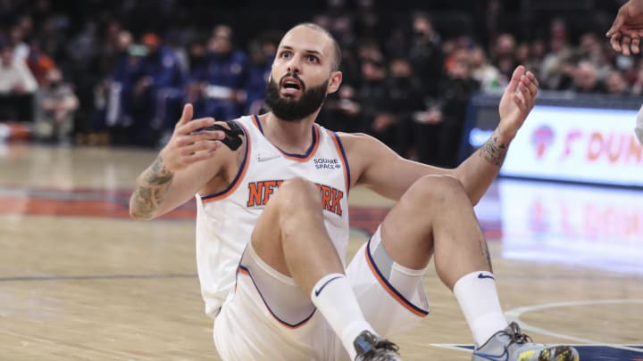 Dec 21, 2021; New York, New York, USA;  New York Knicks forward 	Evan Fournier (13) reacts after being called for a foul in the first quarter against the Detroit Pistons at Madison Square Garden. Mandatory Credit: Wendell Cruz-USA TODAY Sports