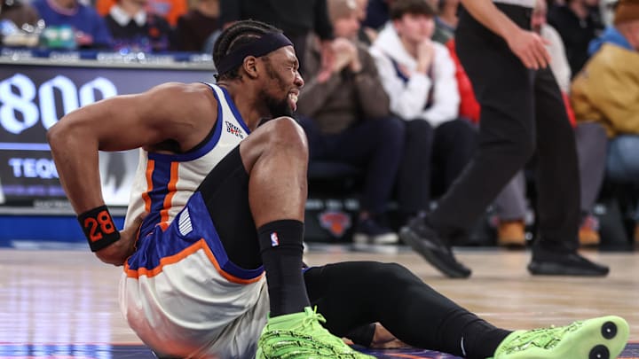 Jan 2, 2026; New York, New York, USA;  New York Knicks forward Guerschon Yabusele (28) reacts after getting injured in the second quarter against the Atlanta Hawks at Madison Square Garden. Mandatory Credit: Wendell Cruz-Imagn Images