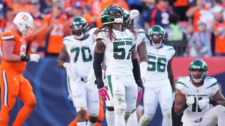 Oct 8, 2023; Denver, CO; New York Jets linebacker C.J. Mosley (57) celebrates a sack in the second half against the Denver Broncos at Empower Field at Mile High. 