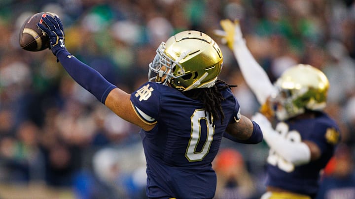 Notre Dame safety Xavier Watts (0) celebrates picking up a Virginia fumble during a NCAA college football game at Notre Dame Stadium on Saturday, Nov. 16, 2024, in South Bend. Notre Dame safety Xavier Watts (0) celebrates picking up a Virginia fumble during a NCAA college football game at Notre Dame Stadium on Saturday, Nov. 16, 2024, in South Bend.