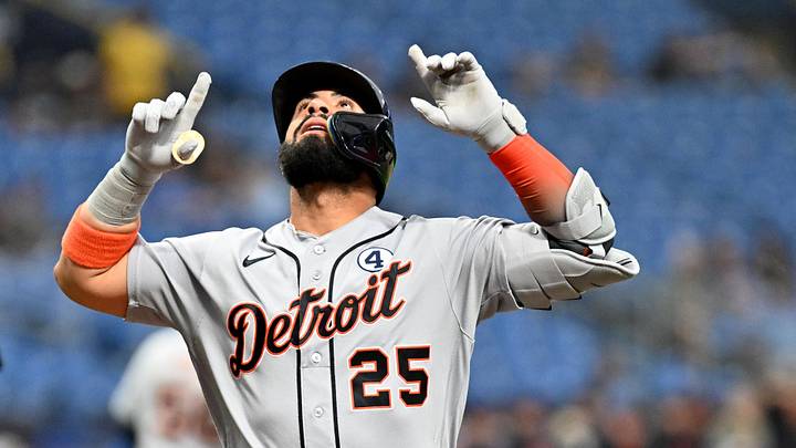 Detroit Tigers second baseman Gleyber Torres celebrates after hitting a solo home run.