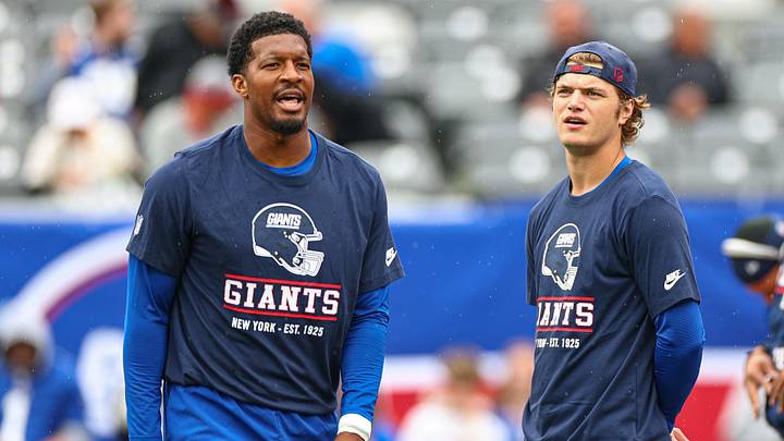 Oct 4, 2026; East Rutherford, New Jersey, USA; New York Giants quarterback Jameis Winston (19) and quarterback J.J. McCarthy (18) on the field before the game against the Arizona Cardinals at MetLife Stadium. Oct 4, 2026; East Rutherford, New Jersey, USA; New York Giants quarterback Jameis Winston (19) and quarterback J.J. McCarthy (18) on the field before the game against the Arizona Cardinals at MetLife Stadium.