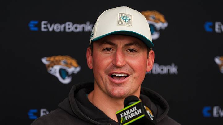 Jacksonville Jaguars Offensive Coordinator Grant Udinski answers questions after the fourth day of NFL Training Camp in shells at the Miller Electric Center on Thursday, July 30, 2026, in Jacksonville, Fla.  [Doug Engle/Florida Times-Union]