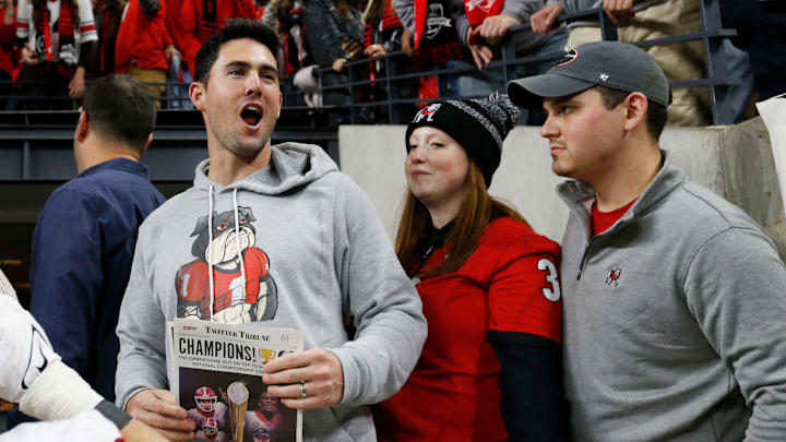 Former Georgia quarterback Aaron Murray celebrates after Georgia won the College Football Playoff National Championship game in Indianapolis, on Monday, Jan. 10, 2022.

News Joshua L Jones