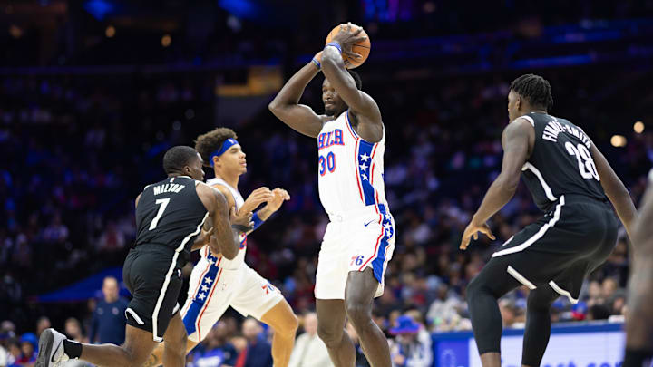Oct 16, 2024; Philadelphia, Pennsylvania, USA; Philadelphia 76ers center Adem Bona (30) in action against the Brooklyn Nets during the fourth quarter at Wells Fargo Center. Mandatory Credit: Bill Streicher-Imagn Images Oct 16, 2024; Philadelphia, Pennsylvania, USA; Philadelphia 76ers center Adem Bona (30) in action against the Brooklyn Nets during the fourth quarter at Wells Fargo Center. Mandatory Credit: Bill Streicher-Imagn Images