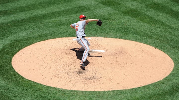Orioles starter Rich Hill (51) pitches during the game against the Los Angeles Angels at Angel Stadium on July 5, 2009.