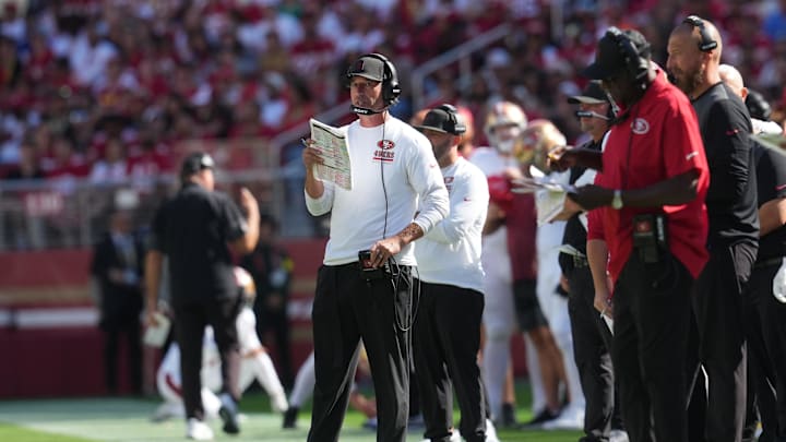 Sep 21, 2025; Santa Clara, California, USA; San Francisco 49ers head coach Kyle Shanahan on the sidelines against the Arizona Cardinals during the second half at Levi's Stadium. Mandatory Credit: Cary Edmondson-Imagn Images