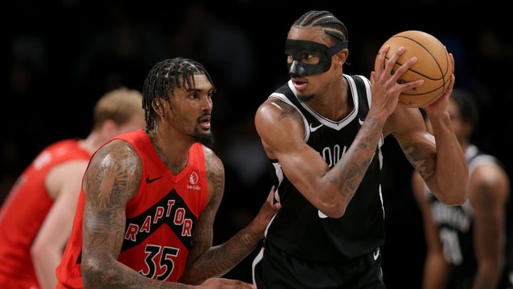 Apr 10, 2024; Brooklyn, New York, USA; Brooklyn Nets center Nic Claxton (33) controls the ball