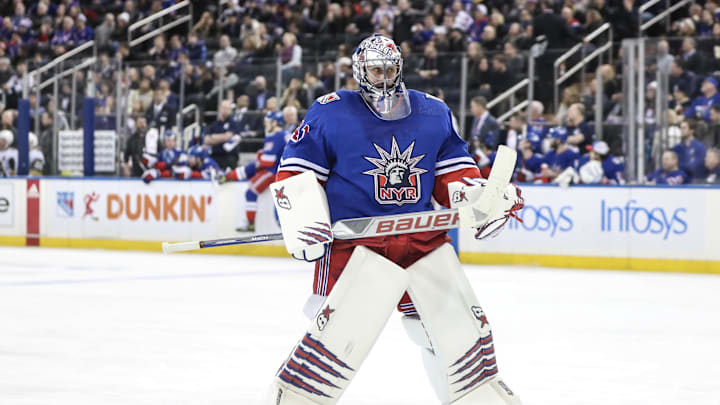 Jaroslav Halak takes the ice for the Rangers against the Golden Knights in 2023.
