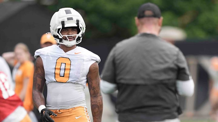 Tennessee tight end Ethan Davis (0) during Tennessee football preseason practice, in Knoxville, Tennessee, July 31, 2025.