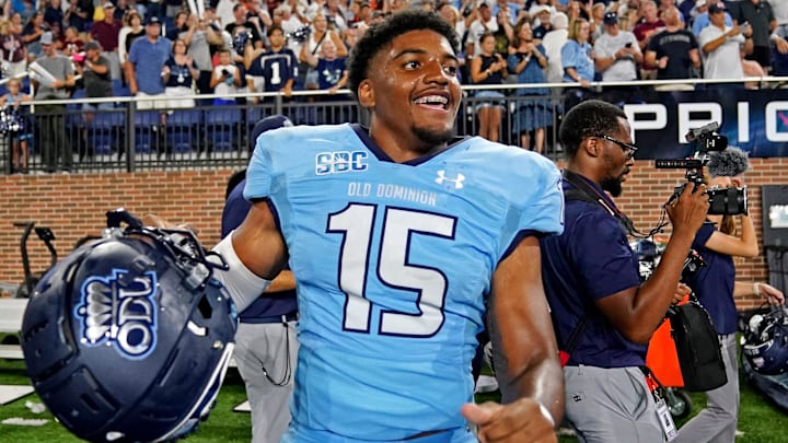 Sep 2, 2022; Norfolk, Virginia, USA;  Old Dominion Monarchs linebacker Wayne Matthews III (15) celebrates as the Old Dominion Monarchs beat the Virginia Tech Hokies at Kornblau Field at S.B. Ballard Stadium. Mandatory Credit: Peter Casey-USA TODAY Sports