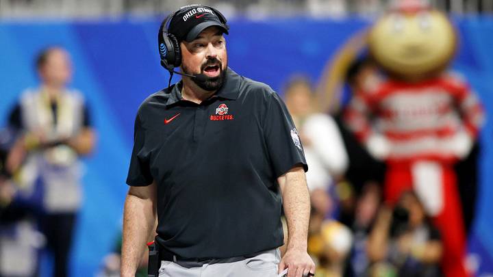 Dec 31, 2022; Atlanta, Georgia, USA; Ohio State Buckeyes head coach Ryan Day looks on against the Georgia Bulldogs during the third quarter of the 2022 Peach Bowl at Mercedes-Benz Stadium. Mandatory Credit: Brett Davis-Imagn Images