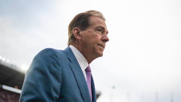 Sep 28, 2024; Tuscaloosa, Alabama, USA; Former Alabama Crimson Tide head coach Nick Saban walks onto the field before a game between the Crimson Tide and Georgia Bulldogs at Bryant-Denny Stadium. Mandatory Credit: Will McLelland-Imagn Images