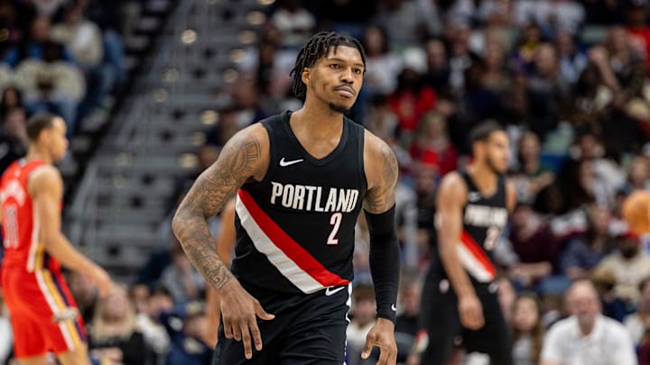 Jan 2, 2026; New Orleans, Louisiana, USA; Portland Trail Blazers guard Caleb Love (2) reacts to making a three-point basket against the New Orleans Pelicans during the second half at Smoothie King Center. 