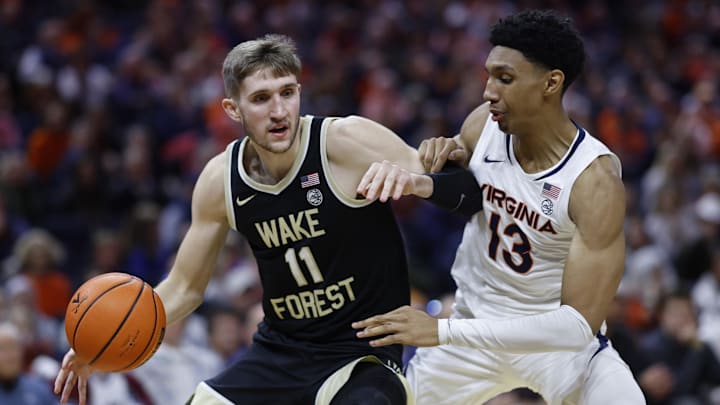 Feb 17, 2024; Charlottesville, Virginia, USA; Wake Forest Demon Deacons forward Andrew Carr (11)