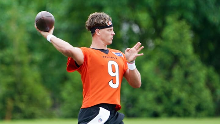 Cincinnati Bengals quarterback Joe Burrow (9) runs through drills during practice, Tuesday, May 13, 2025, at Kettering Health Practice Fields in Downtown Cincinnati. Cincinnati Bengals quarterback Joe Burrow (9) runs through drills during practice, Tuesday, May 13, 2025, at Kettering Health Practice Fields in Downtown Cincinnati.