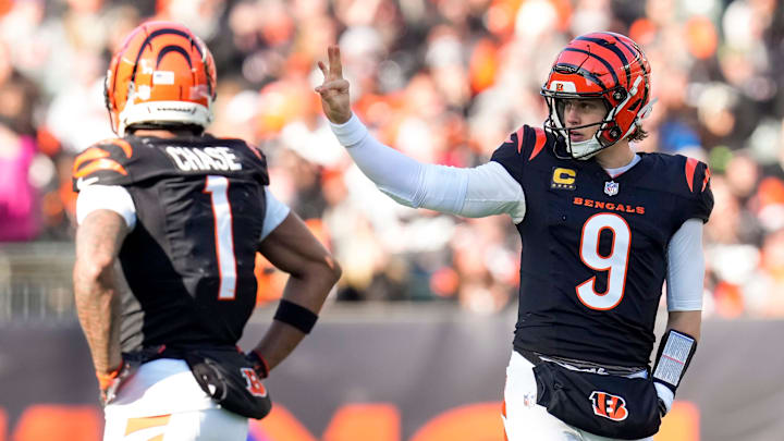 Cincinnati Bengals quarterback Joe Burrow (9) signals to the sideline before a play on third and short in the second quarter of the NFL Week 18 game between the Cincinnati Bengals and the Cleveland Browns at Paycor Stadium in Downtown Cincinnati on Sunday, Jan. 4, 2026.