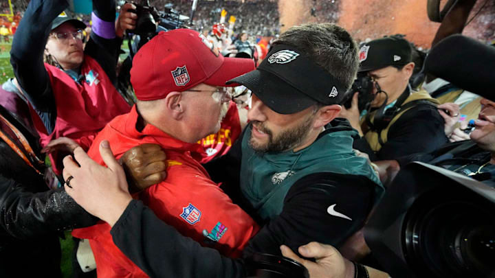 Kansas City Chiefs head coach Andy Reid and Philadelphia Eagles head coach Nick Sirianni greet each other after Super Bowl LVII at State Farm Stadium in 2023.