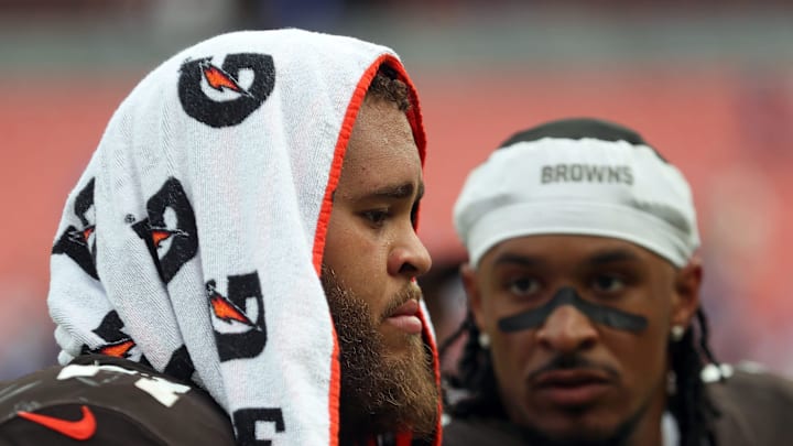 Cleveland Browns offensive tackle Jedrick Wills Jr. walks off the field after losing an NFL football game at Huntington Bank Field, Sunday, Sept. 22, 2024, in Cleveland, Ohio. Cleveland Browns offensive tackle Jedrick Wills Jr. walks off the field after losing an NFL football game at Huntington Bank Field, Sunday, Sept. 22, 2024, in Cleveland, Ohio.