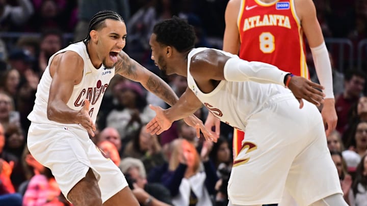 Nov 2, 2025; Cleveland, Ohio, USA; Cleveland Cavaliers guard Jaylon Tyson (20) celebrates with Cleveland Cavaliers guard Donovan Mitchell (45) during the first half against the Atlanta Hawks at Rocket Arena. Mandatory Credit: Ken Blaze-Imagn Images Nov 2, 2025; Cleveland, Ohio, USA; Cleveland Cavaliers guard Jaylon Tyson (20) celebrates with Cleveland Cavaliers guard Donovan Mitchell (45) during the first half against the Atlanta Hawks at Rocket Arena. Mandatory Credit: Ken Blaze-Imagn Images
