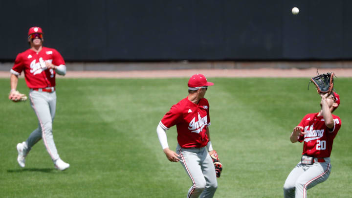 Indiana Hoosiers outfielder Nick Mitchell (20) catches a fly ball during the NCAA baseball game against the Purdue Boilermakers, Sunday, May 5, 2024, at Alexander Field in West Lafayette, Ind.