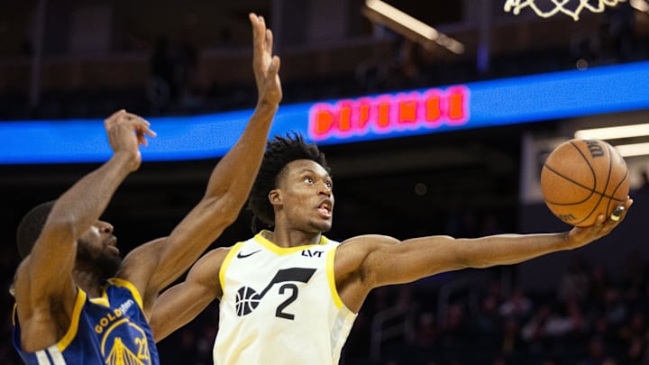 Jan 28, 2025; San Francisco, California, USA; Utah Jazz guard Collin Sexton (2) drives to the basket ahead of Golden State Warriors forward Andrew Wiggins (22) during the fourth quarter at Chase Center. Mandatory Credit: D. Ross Cameron-Imagn Images Jan 28, 2025; San Francisco, California, USA; Utah Jazz guard Collin Sexton (2) drives to the basket ahead of Golden State Warriors forward Andrew Wiggins (22) during the fourth quarter at Chase Center. Mandatory Credit: D. Ross Cameron-Imagn Images