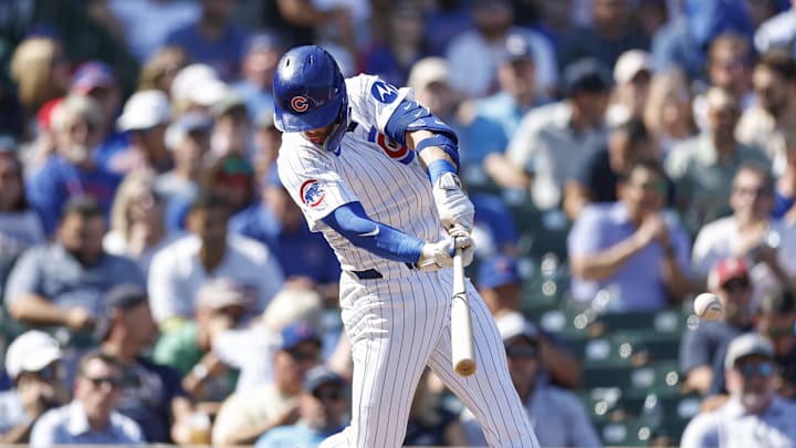 Chicago Cubs second baseman Nico Hoerner (2) singles against the Oakland Athletics during the second inning at Wrigley Field on Sept 18. Chicago Cubs second baseman Nico Hoerner (2) singles against the Oakland Athletics during the second inning at Wrigley Field on Sept 18.