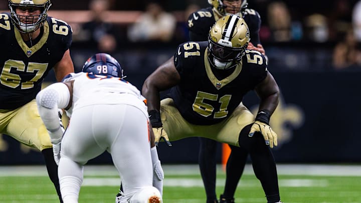 Aug 23, 2025; New Orleans, Louisiana, USA; New Orleans Saints center Cesar Ruiz (51) blocks Denver Broncos defensive end John Franklin-Myers (98) during the first half at Caesars Superdome. Mandatory Credit: Stephen Lew-Imagn Images Aug 23, 2025; New Orleans, Louisiana, USA; New Orleans Saints center Cesar Ruiz (51) blocks Denver Broncos defensive end John Franklin-Myers (98) during the first half at Caesars Superdome. Mandatory Credit: Stephen Lew-Imagn Images