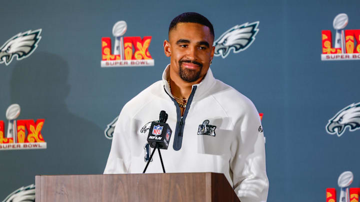 Feb 6, 2025; New Orleans, LA, USA;  Philadelphia Eagles quarterback Jalen Hurts (1) during a press conference in advance of Super Bowl LIX at New Orleans Marriott. 