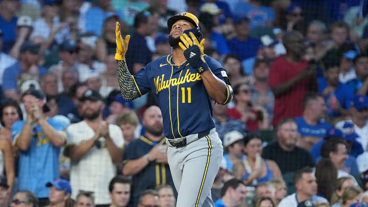 Sep 2, 2026; Chicago, Illinois, USA;  Milwaukee Brewers left fielder Jackson Chourio (11) gestures after hitting a home run against the Chicago Cubs during the second inning at Wrigley Field.  Mandatory Credit: David Banks-Imagn Images